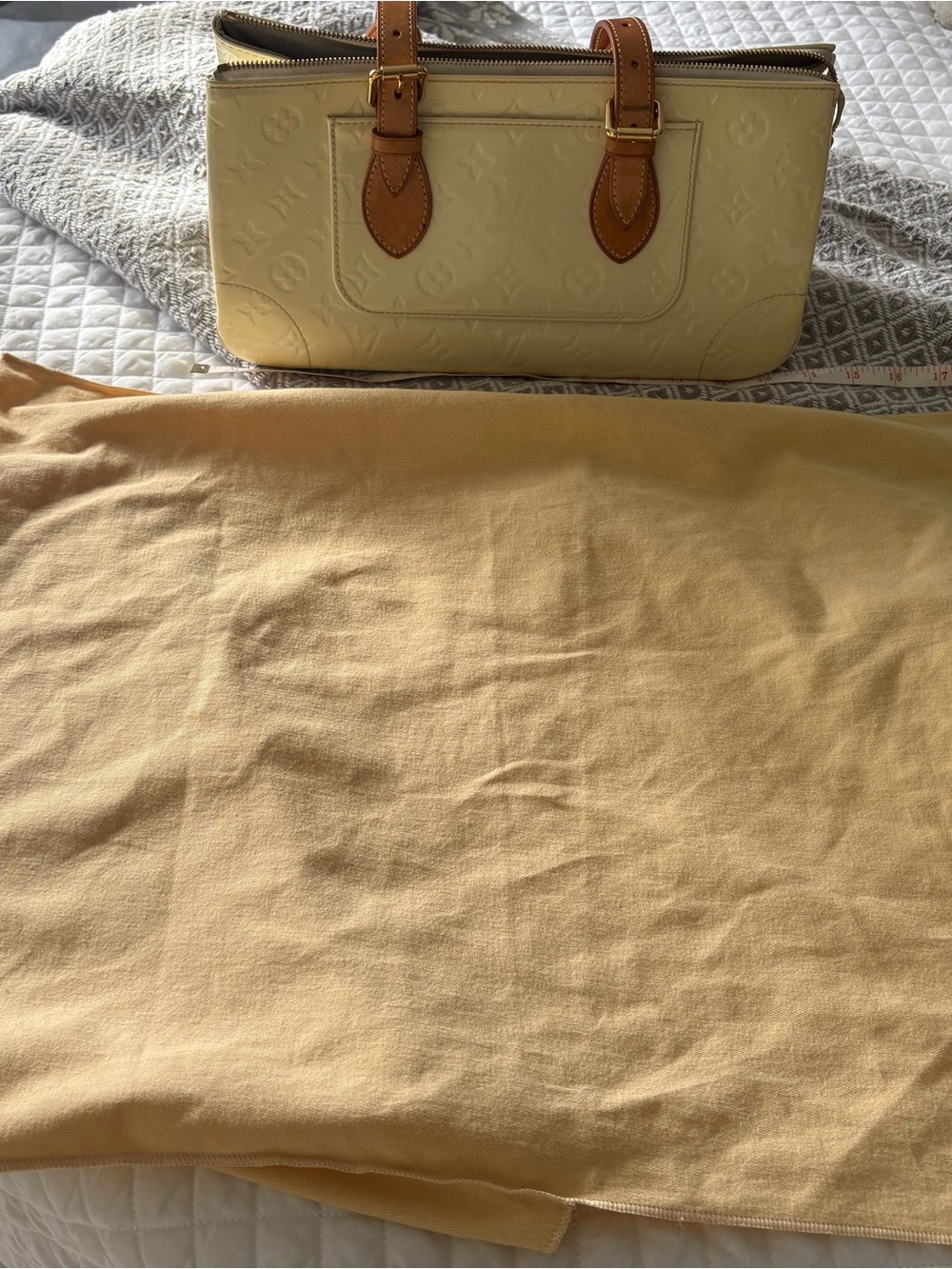 Louis Vuitton Cream Vernis Handbag with Tan Leather Trims